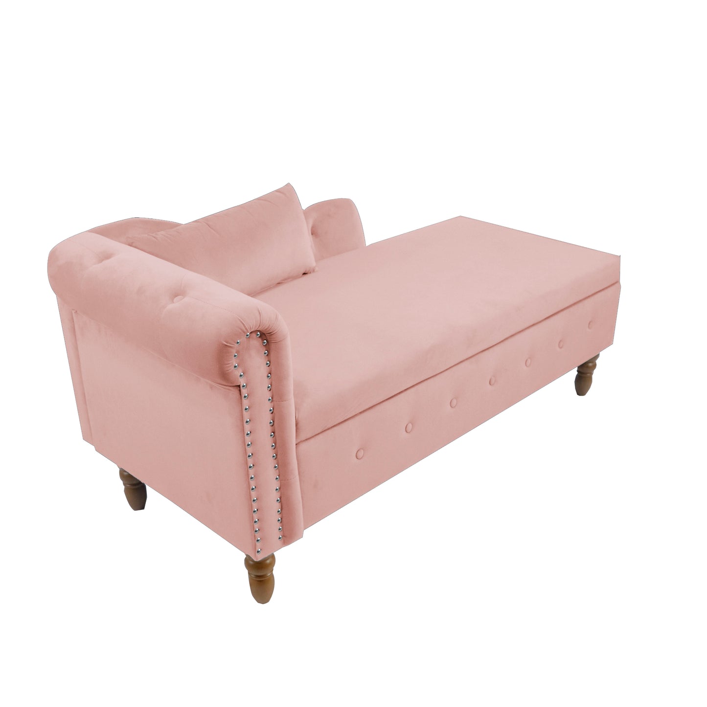 Pink velvet chaise lounge with tufted detailing and nailhead trim