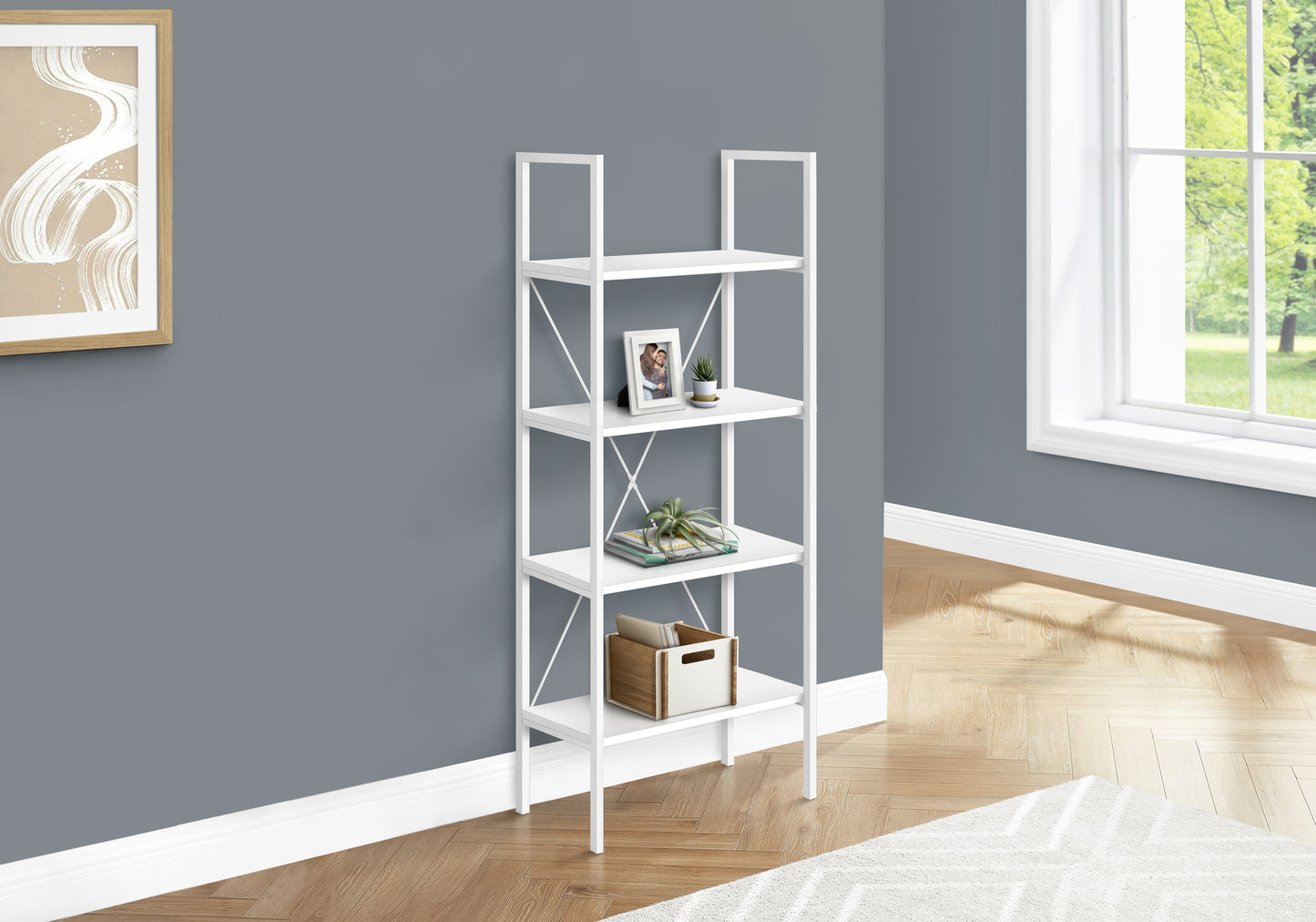White metal bookshelf with four shelves for storage and display