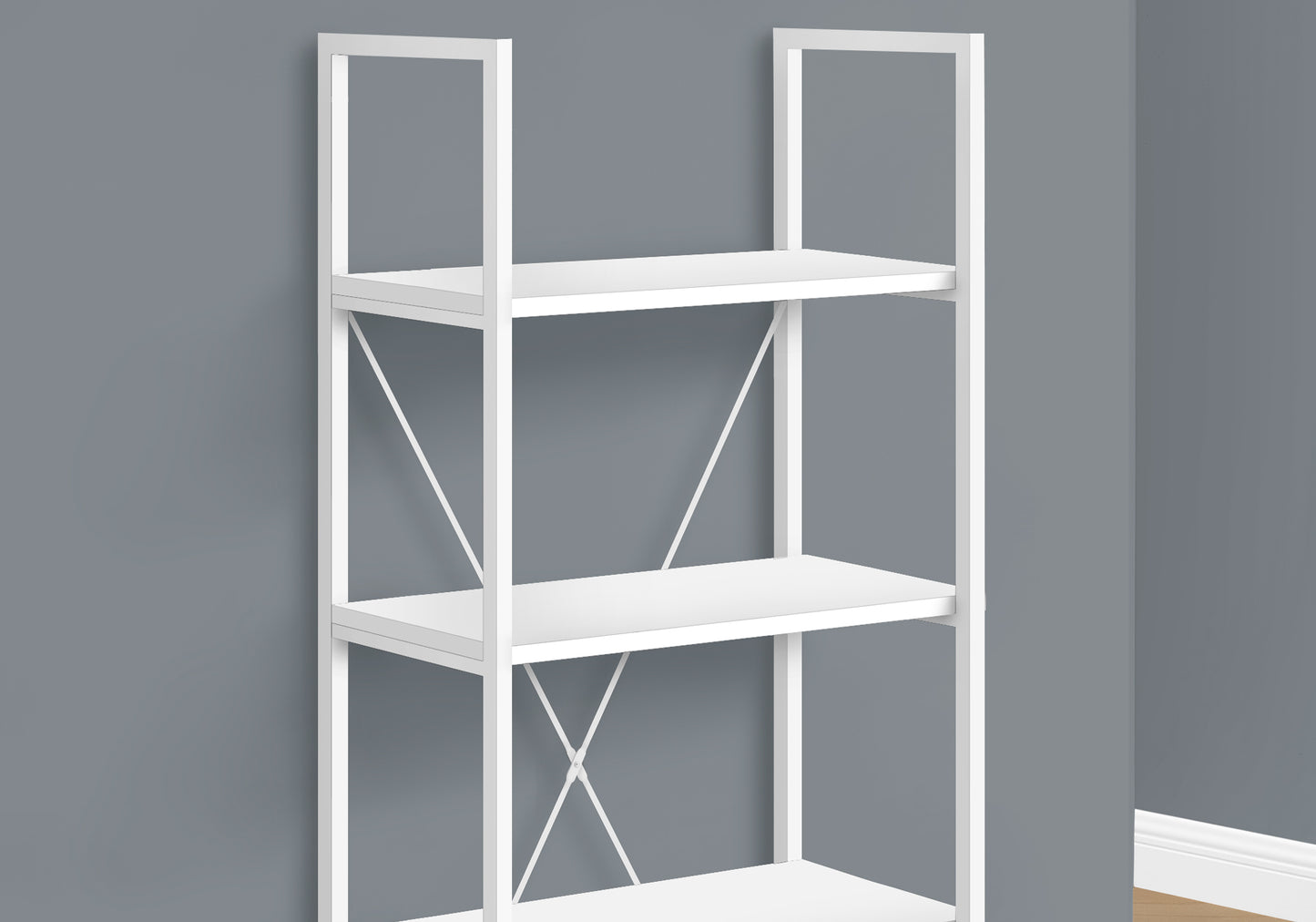 Modern white metal ladder bookshelf with three shelves