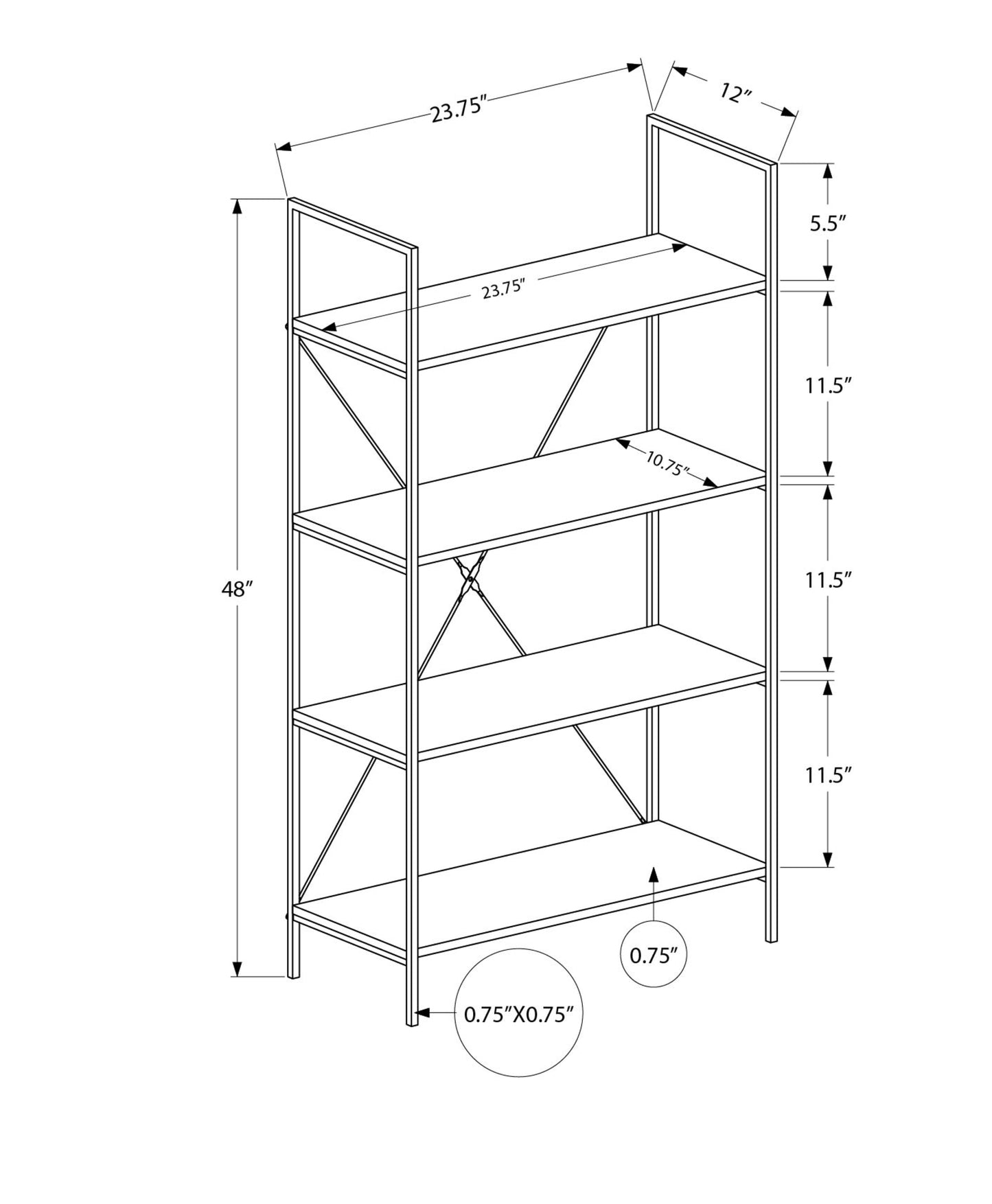 tier metal bookshelf with width and height