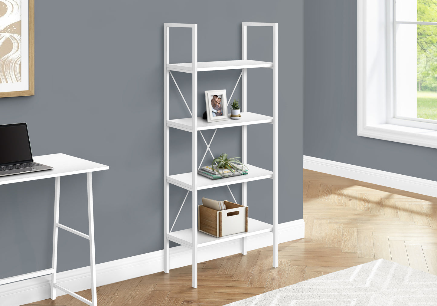 Fourshelf white ladder bookshelf with metal frame
