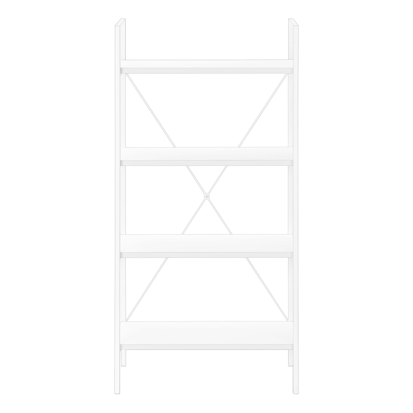 White wooden bookshelf with four shelves and Xshaped cross braces