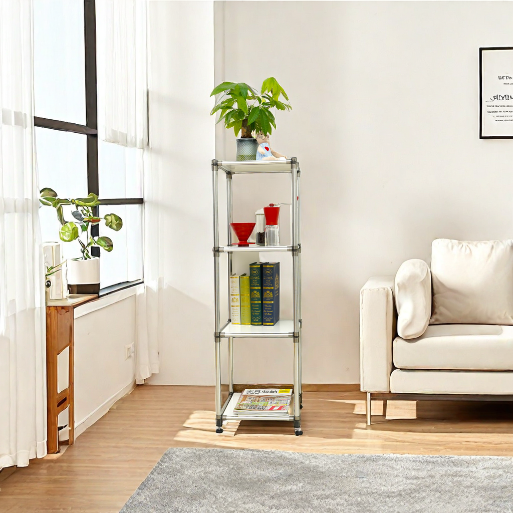 Tall metal shelving unit with books and coffee grinder