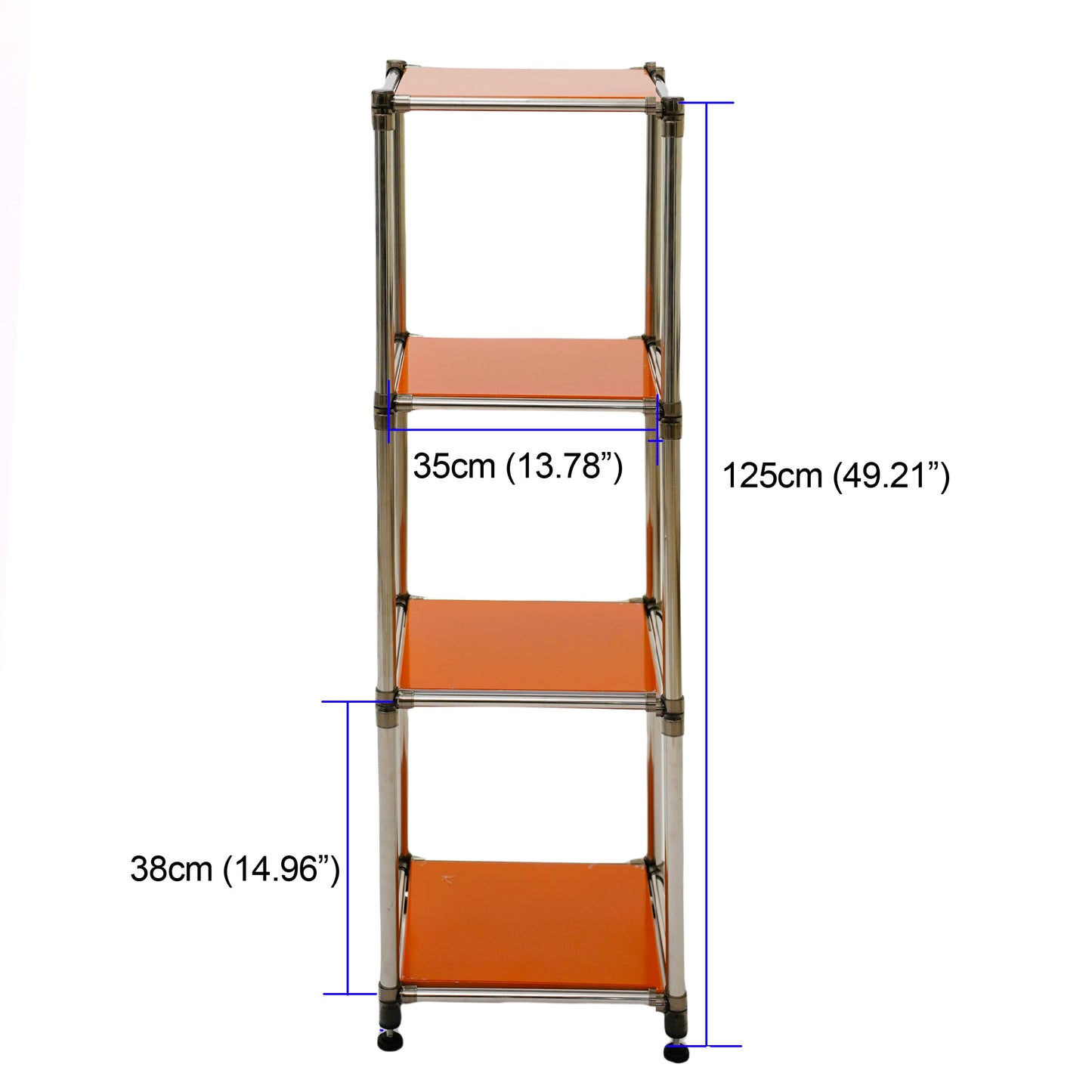 Fourtier orange shelving unit with silver metal frame