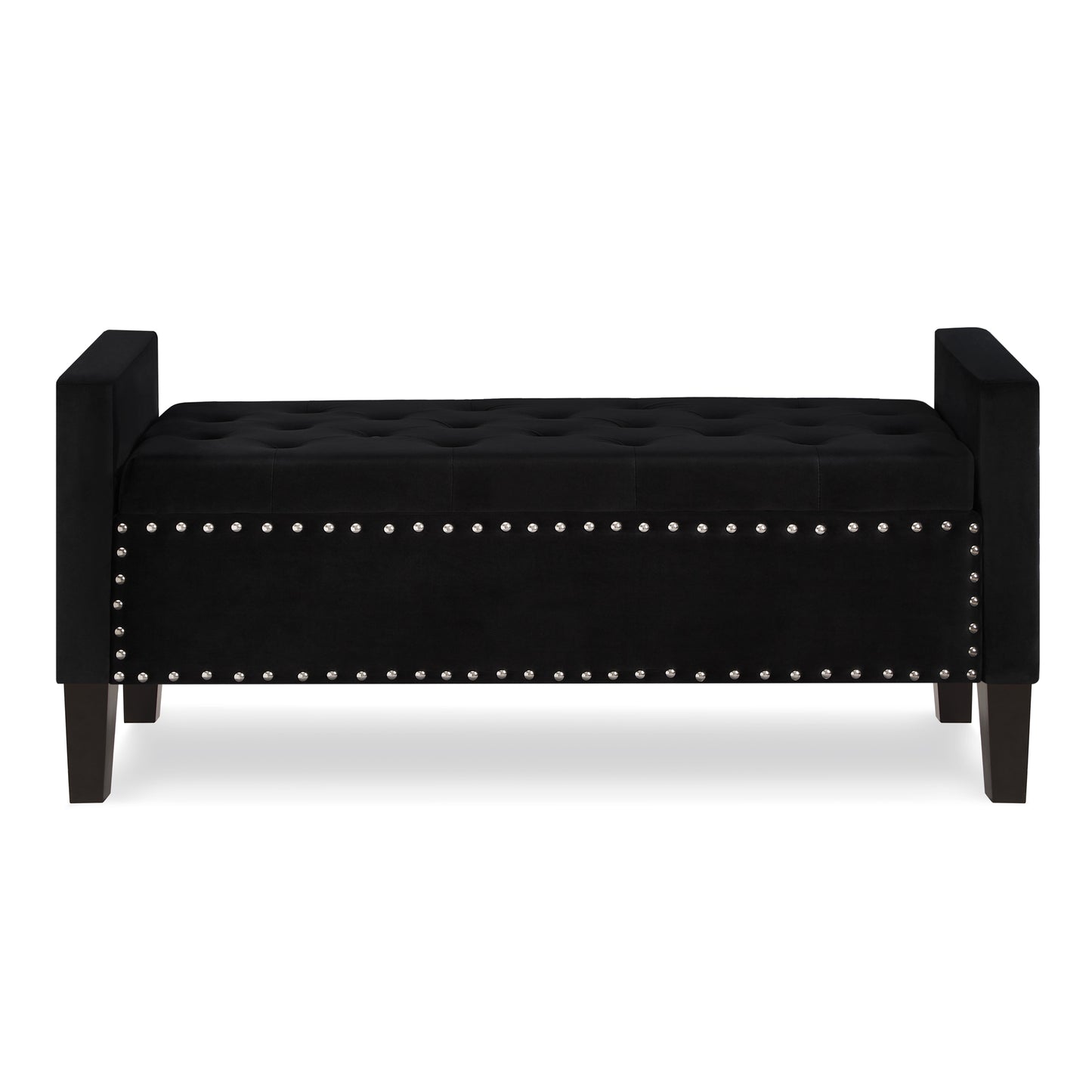 Black velvet storage bench with tufted top and silver nailhead trim