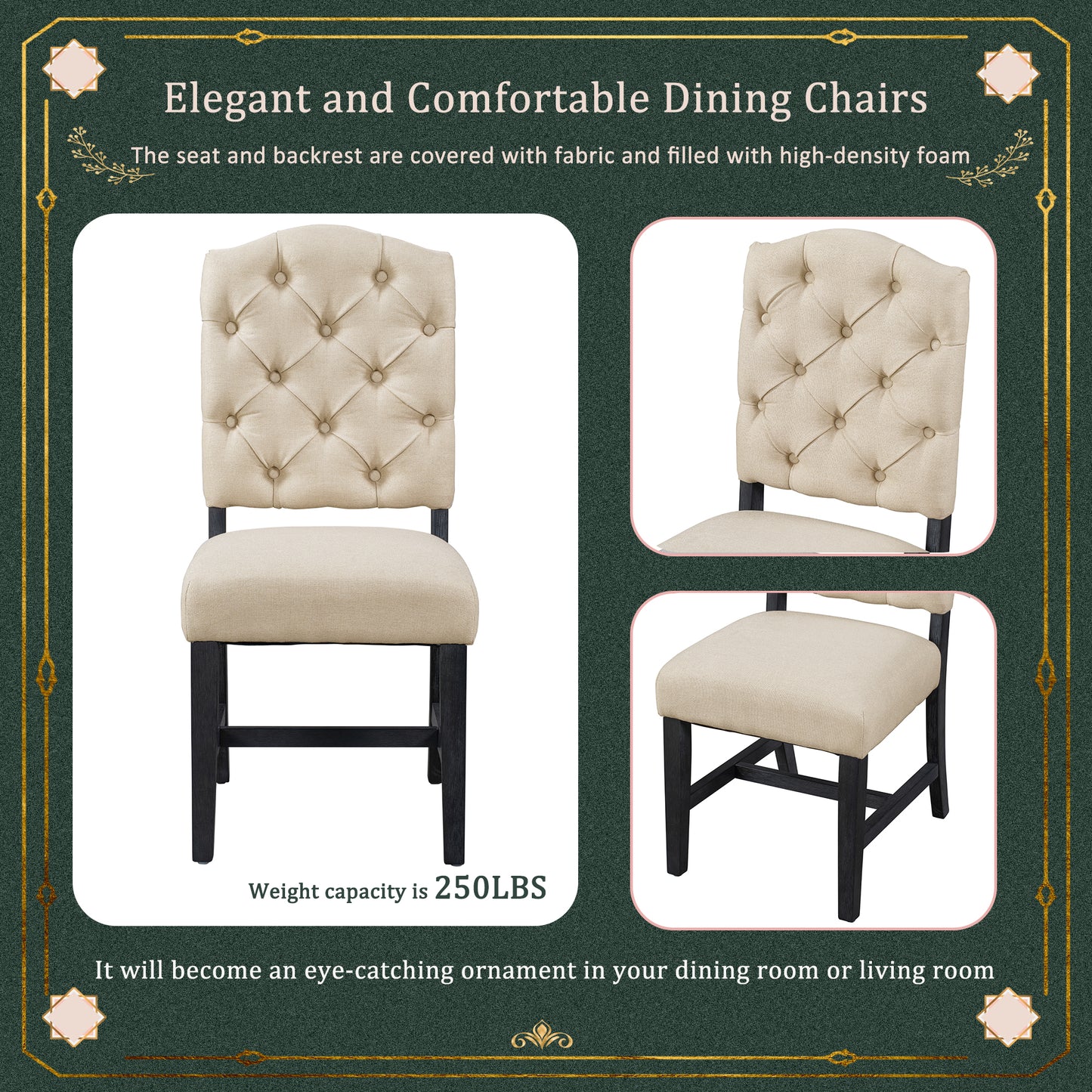 Beige tufted dining chair with dark wood legs and highdensity foam seat