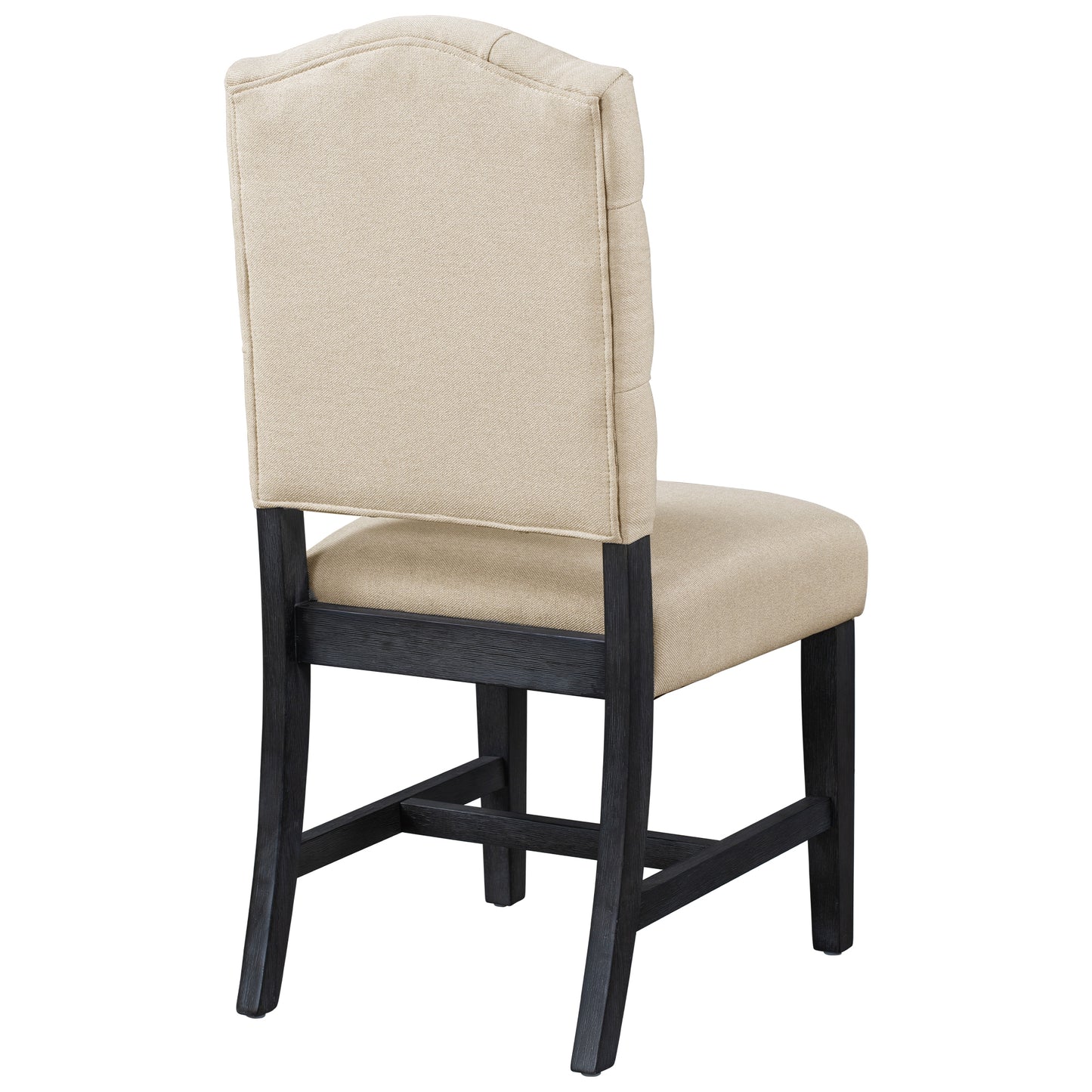 Beige upholstered dining chair with tufted back and dark wood legs