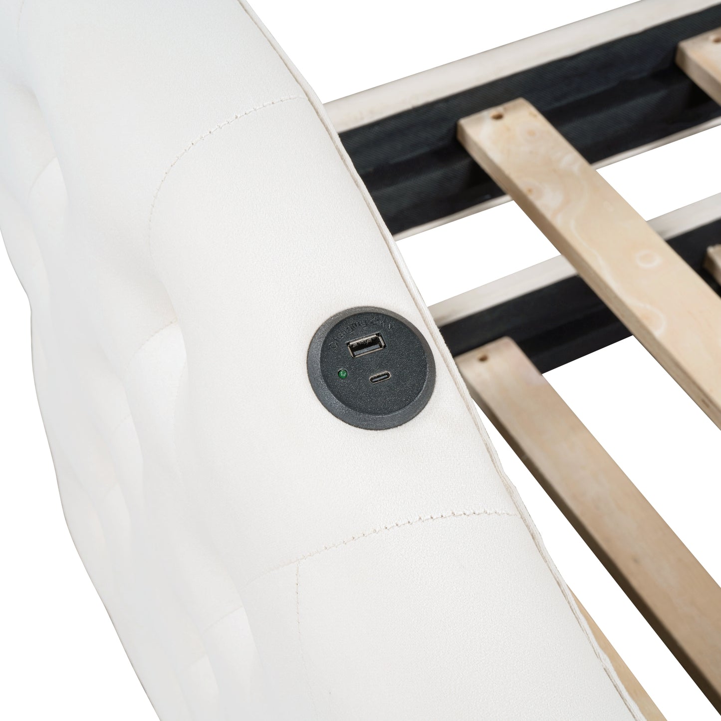White upholstered bed frame with integrated USB charging ports