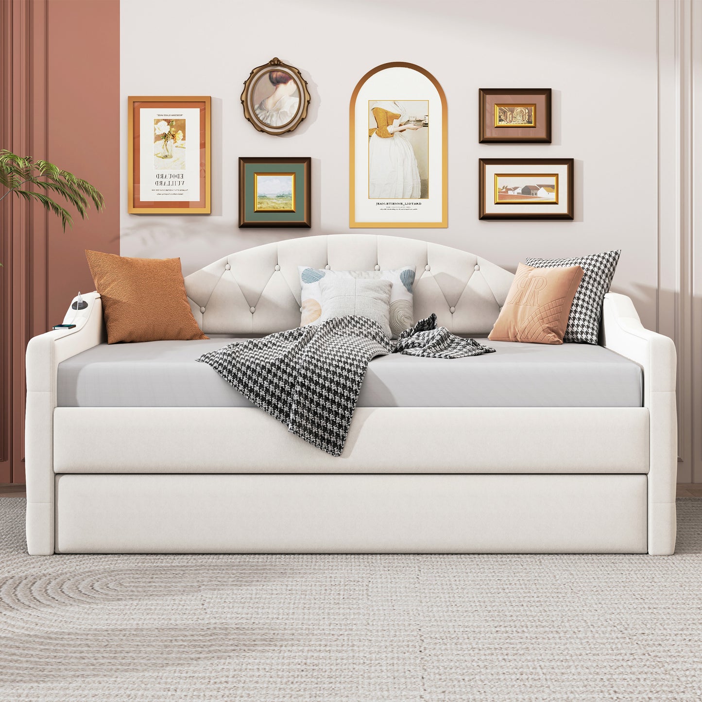 Cream velvet daybed with tufted back and pullout trundle