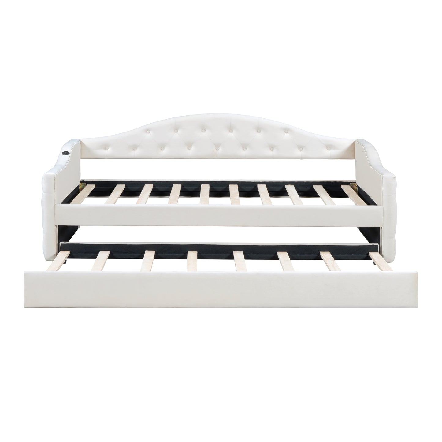 White velvet daybed with pullout trundle featuring tufted headboard and arms