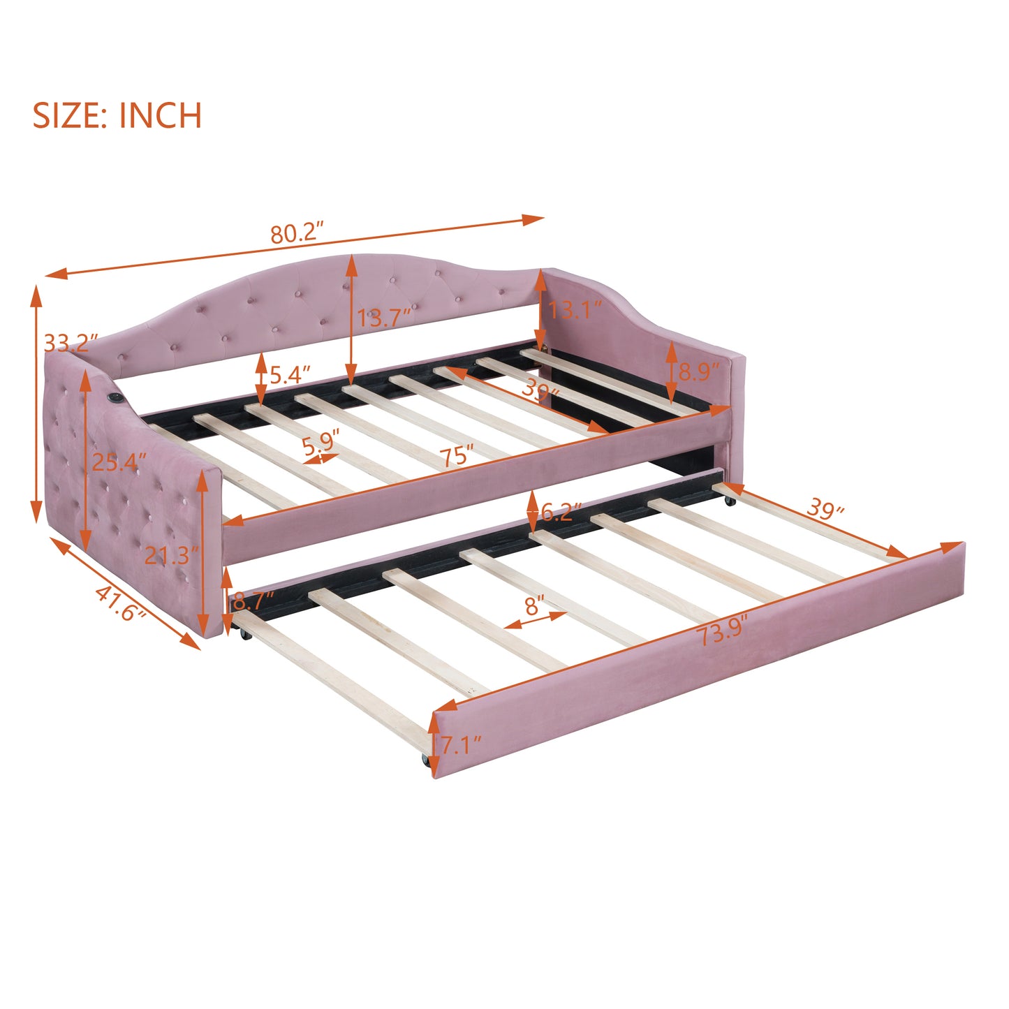 Pink velvet tufted daybed with pullout trundle and integrated charging port
