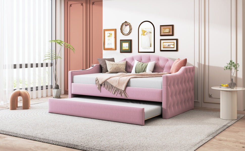 Pink velvet tufted daybed with pullout trundle ideal for guest rooms