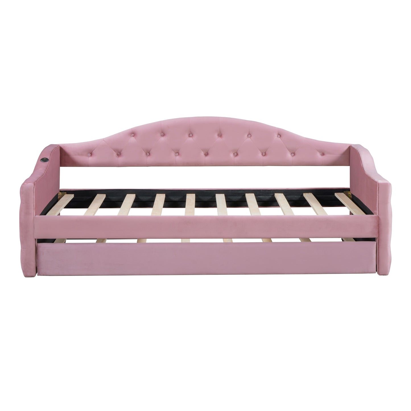 Tufted pink velvet daybed with integrated USB port and slatted frame