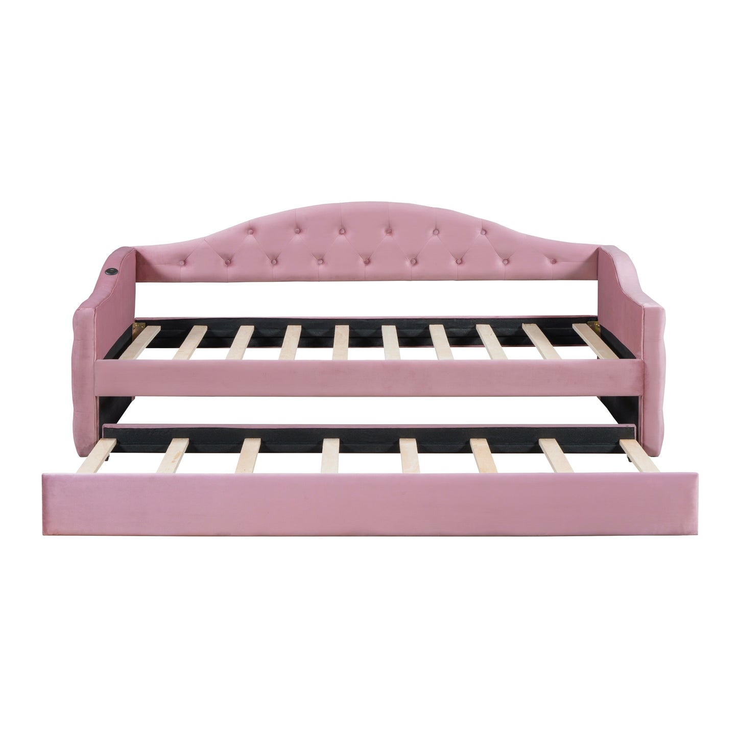 Pink velvet daybed with tufted back and pullout trundle