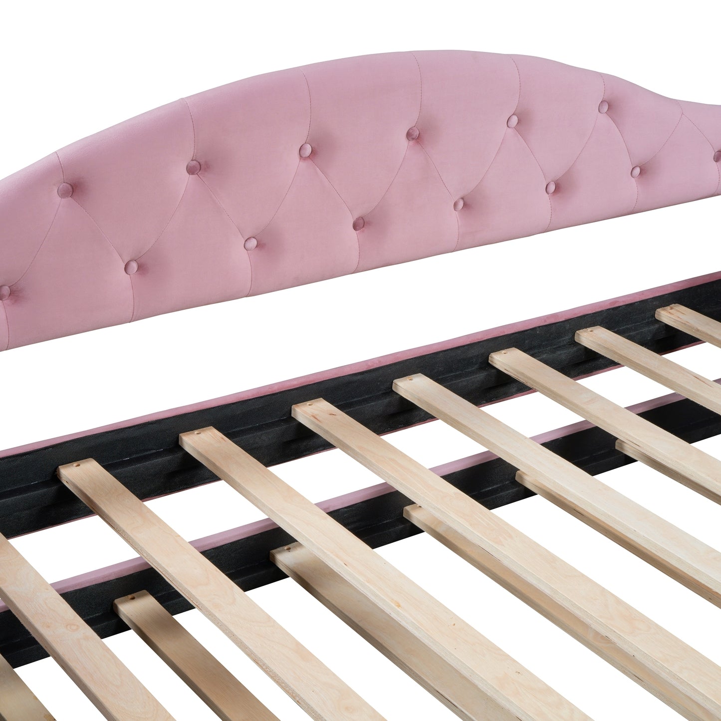 Pink velvet tufted headboard bed frame with slatted wood base