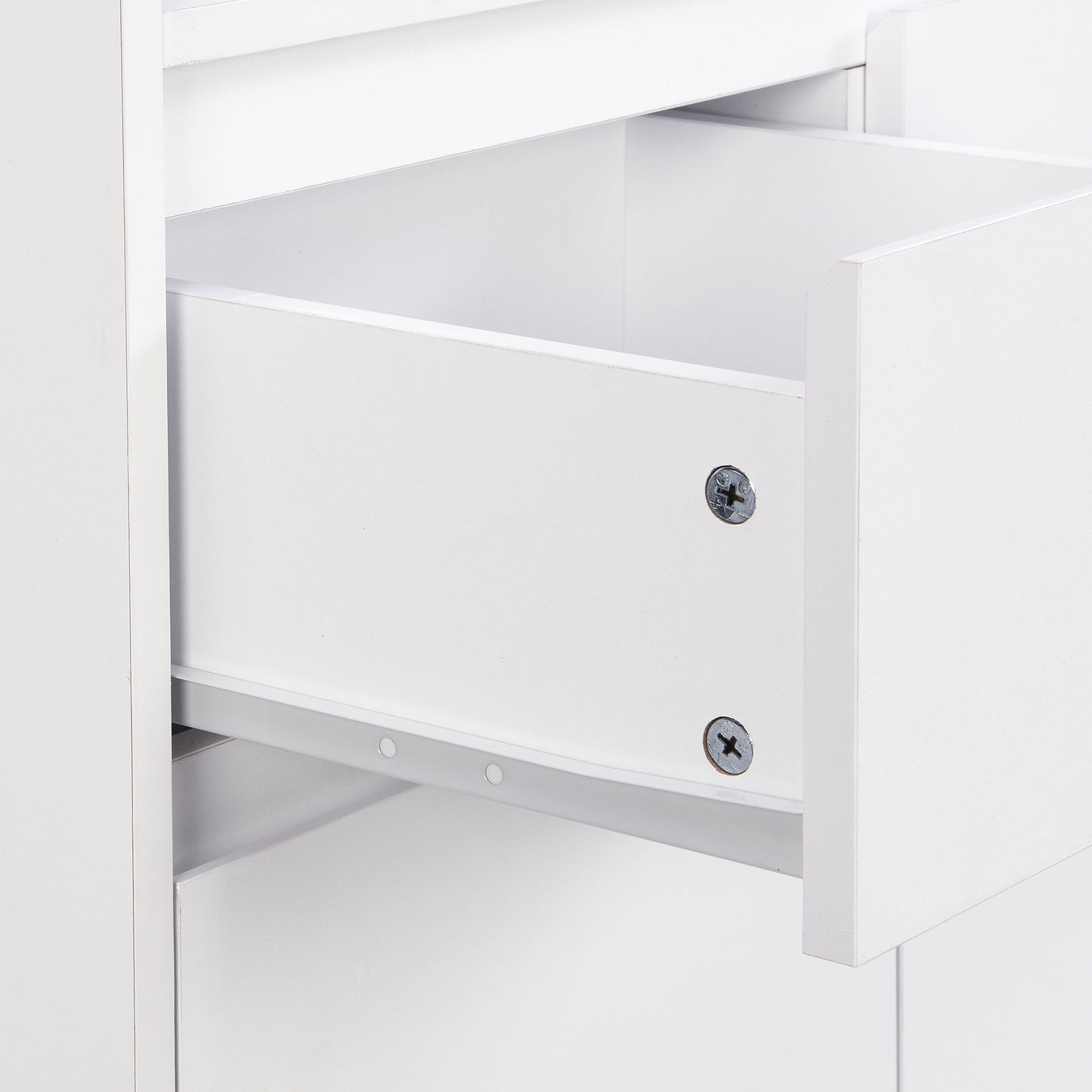 White wooden drawer with visible screws