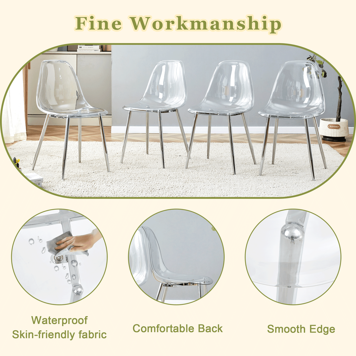 Four clear acrylic ghost chairs with chrome legs