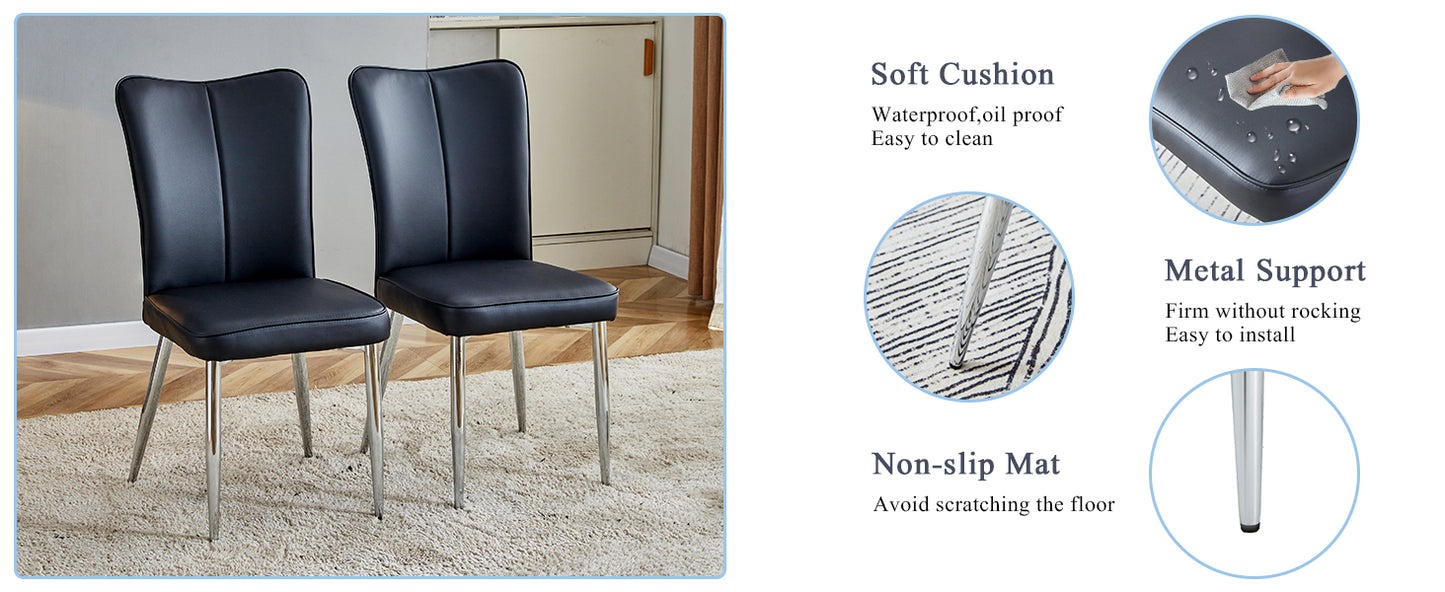 Two black faux leather dining chairs with chrome legs on a rug
