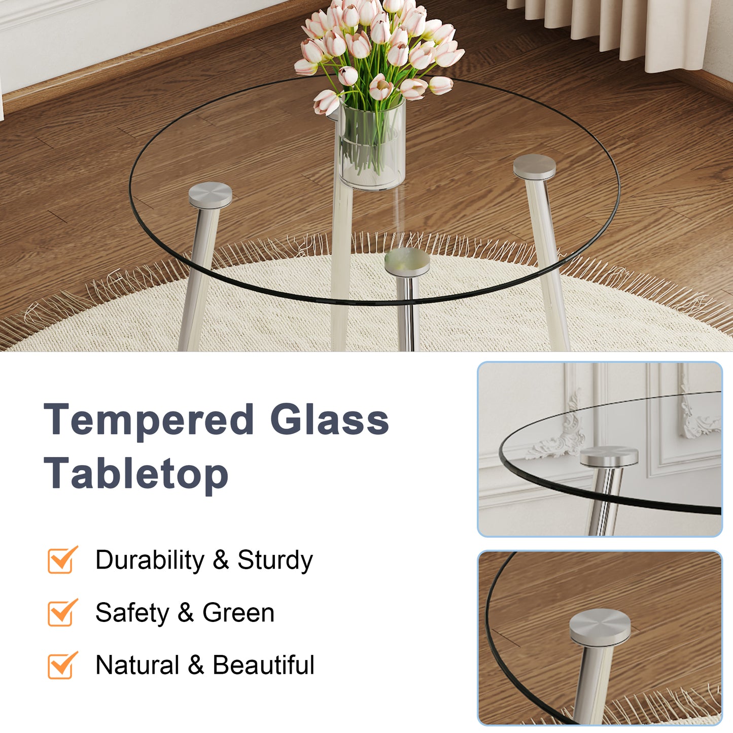 Round tempered glass coffee table with chrome legs