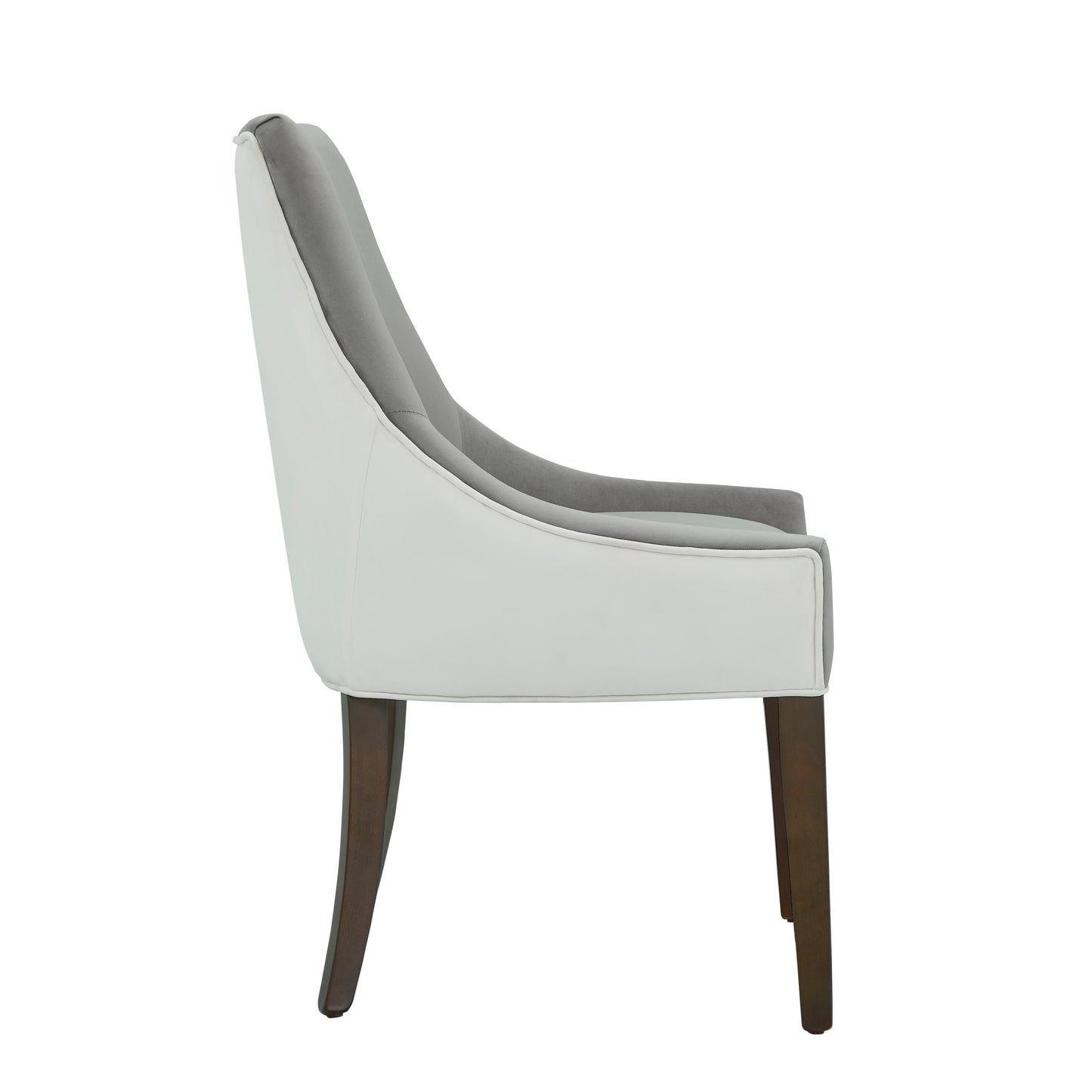 Grey fabric and white faux leather accent chair with dark wood legs
