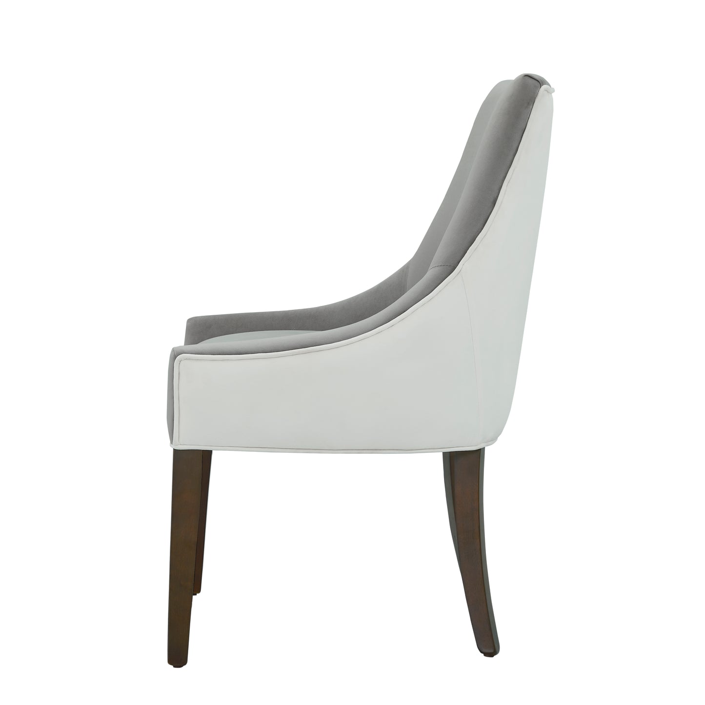Modern grey velvet and white leather accent chair with dark wood legs