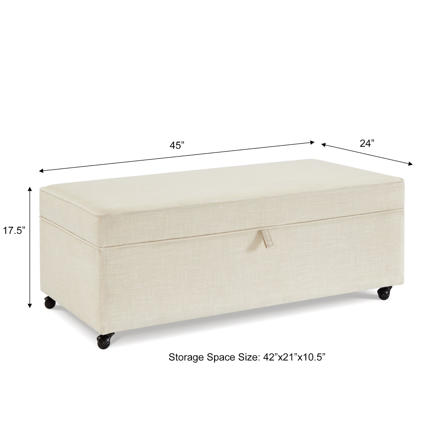 Cream linen storage ottoman with casters measuring W x D x H
