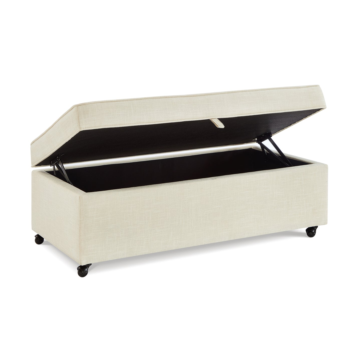 Beige linen storage ottoman with open lid and wheels