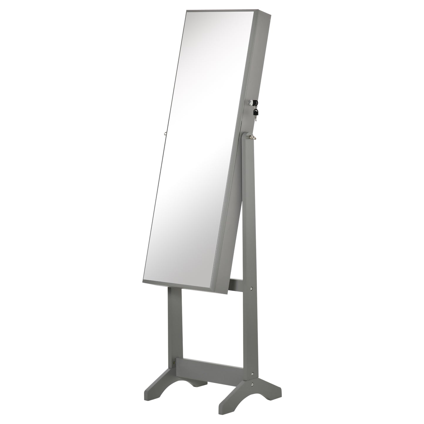 Grey wooden jewelry armoire with fulllength mirror and lock