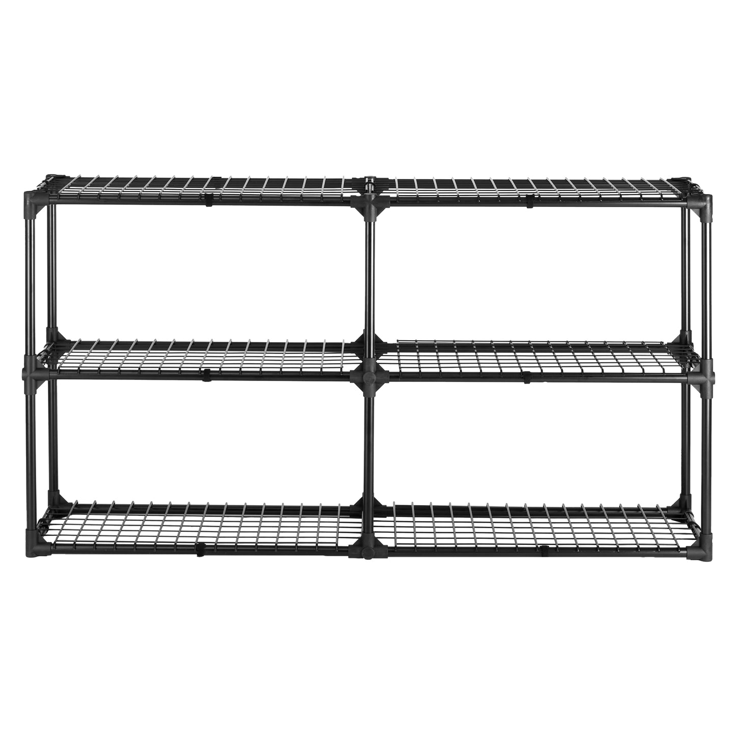 Black wire shelving unit with four tiers for storage and organization