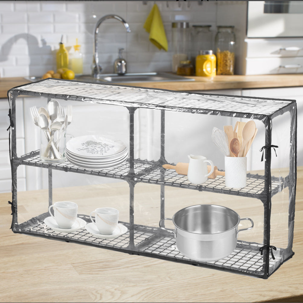 Clear plastic kitchen storage shelf organizer with cutlery and plates