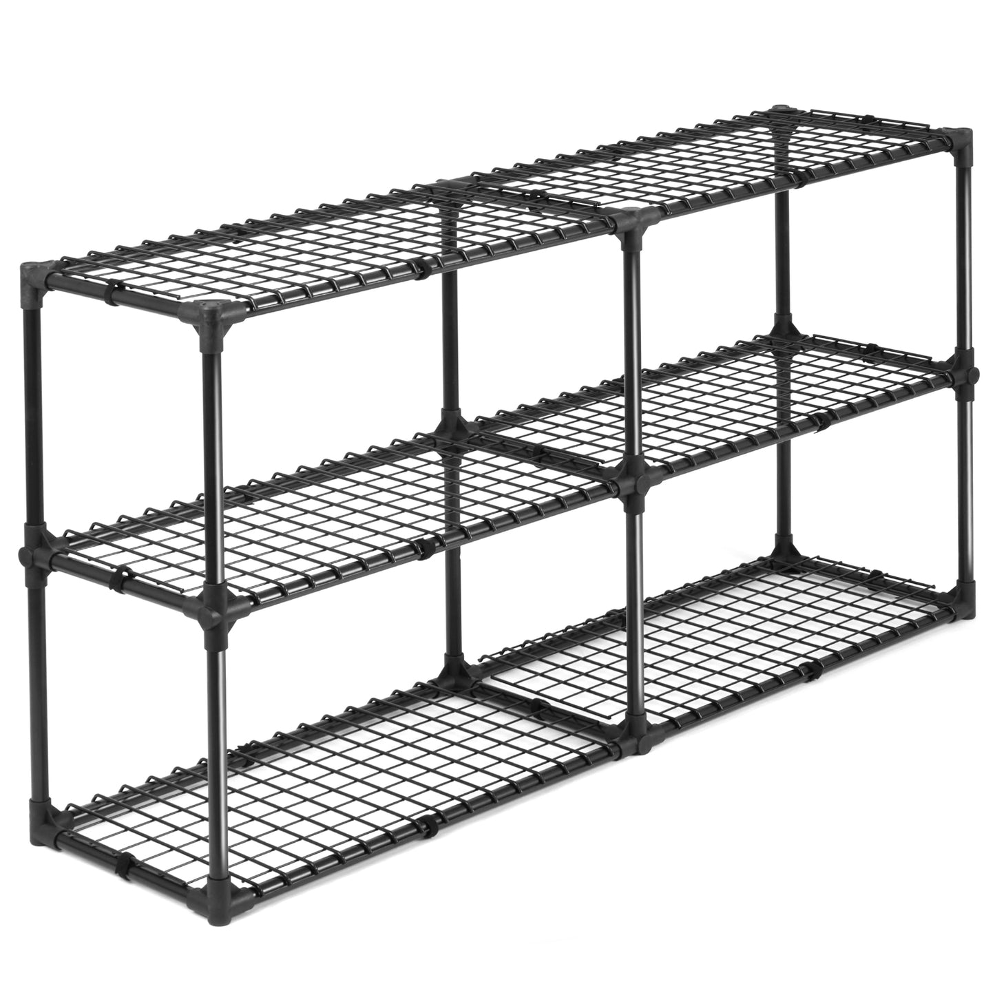 Black metal modular shelving unit with three tiers