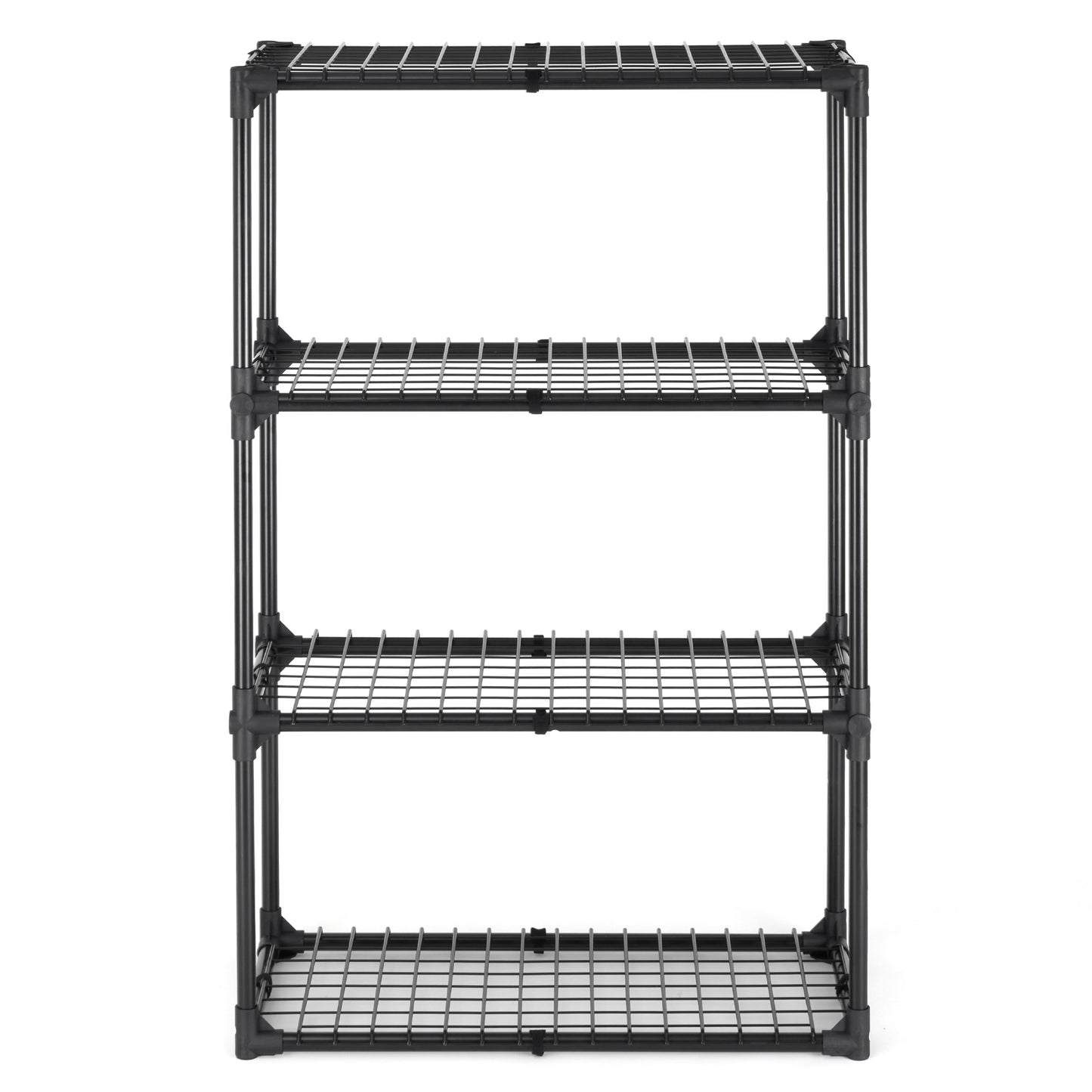 Black fourtier wire shelving unit with open grid shelves and metal frame