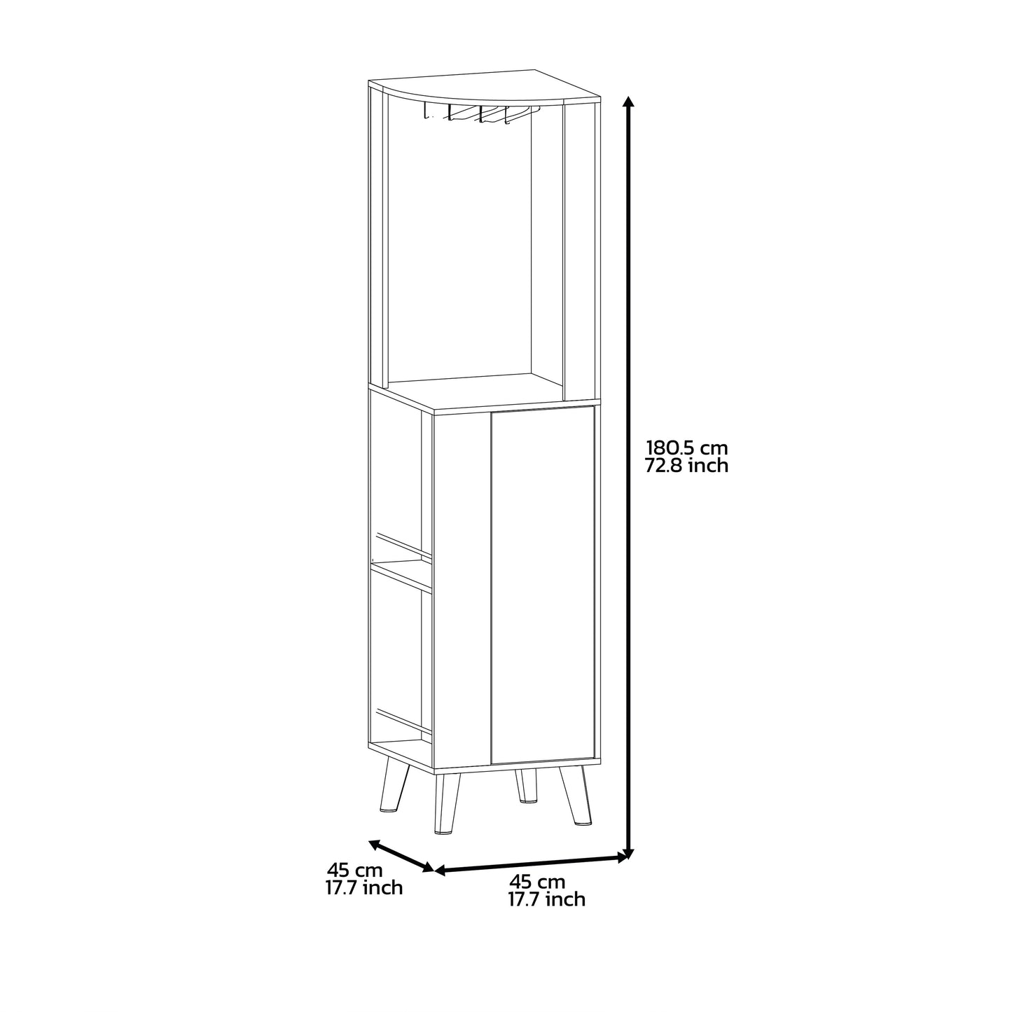 Slim corner shelving unit with cabinet and hanging hooks