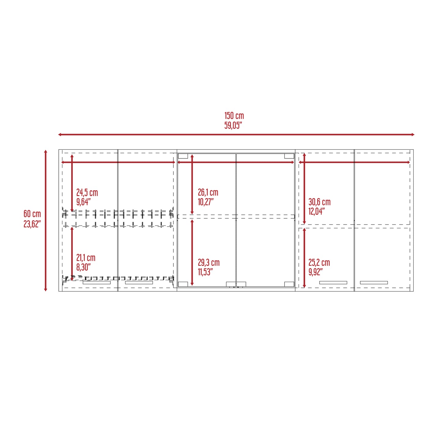 Diagram showing a shelving unit with dimensions cm width x cm height