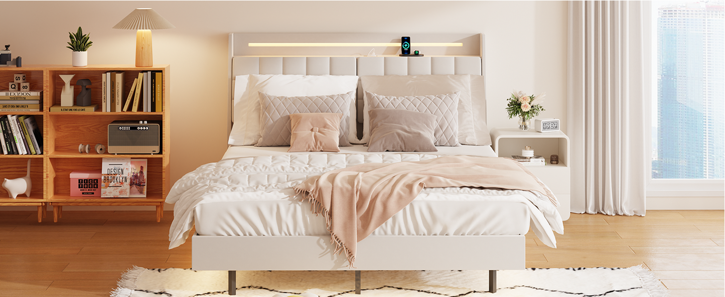 Modern upholstered queen bed frame with builtin LED lighting