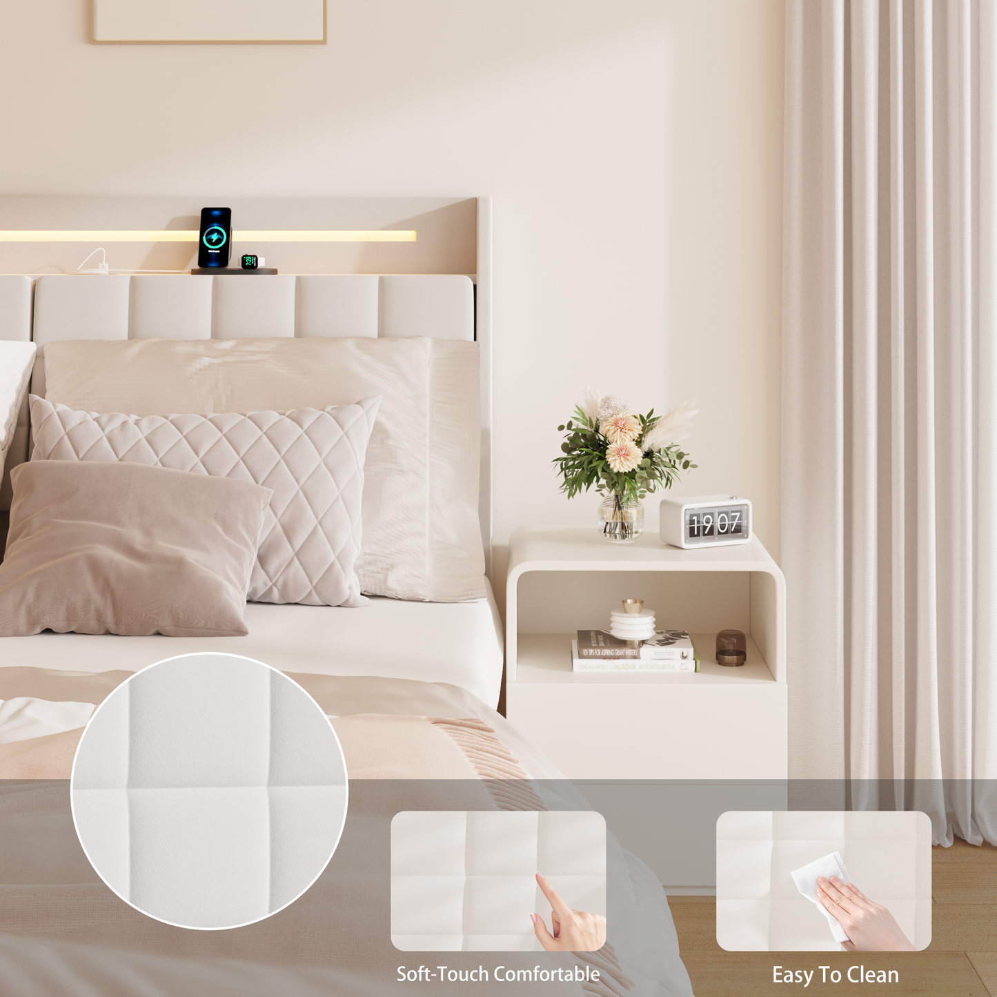 Modern upholstered headboard with integrated LED lighting