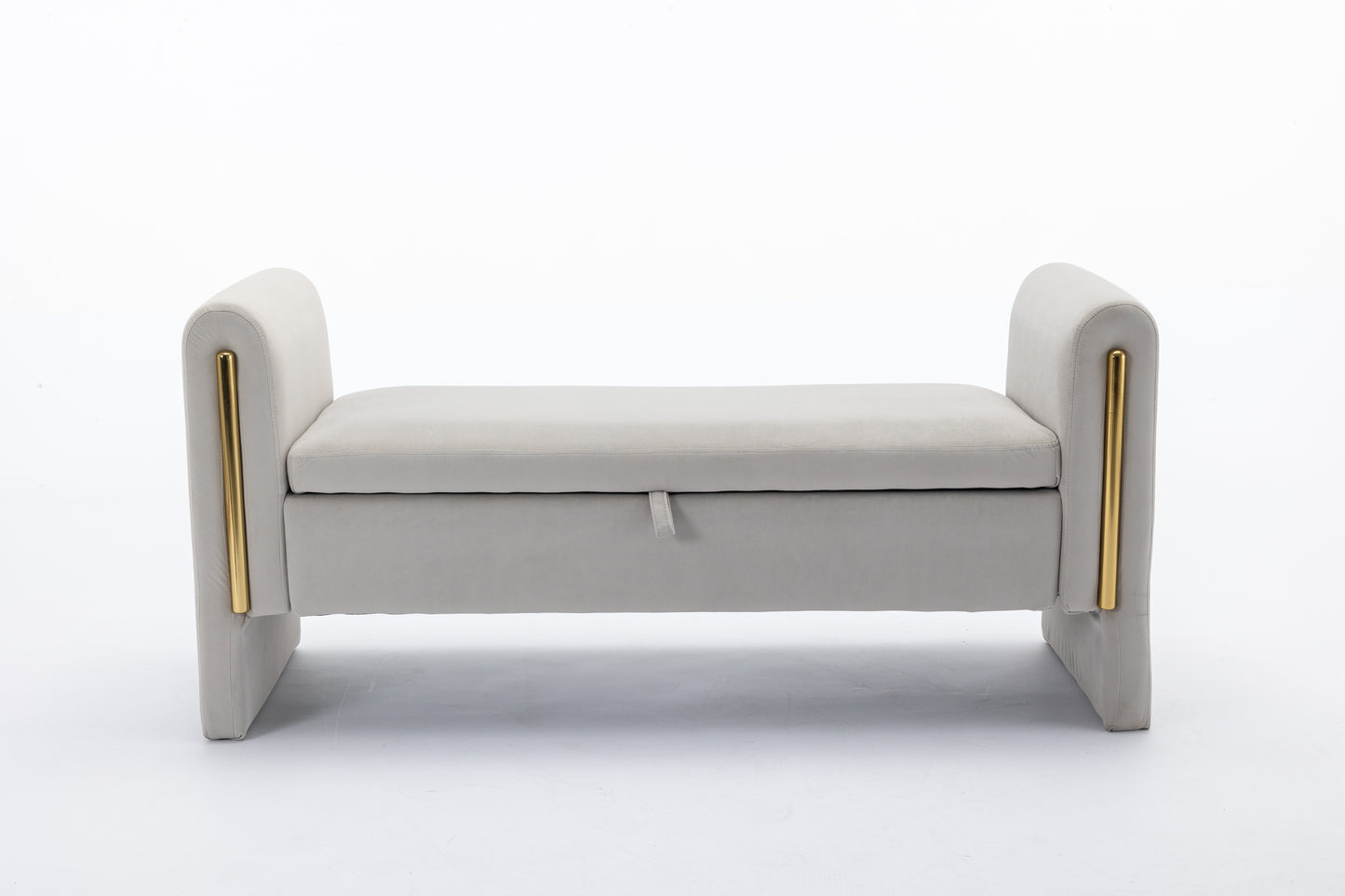 Grey velvet storage bench with gold accent bars