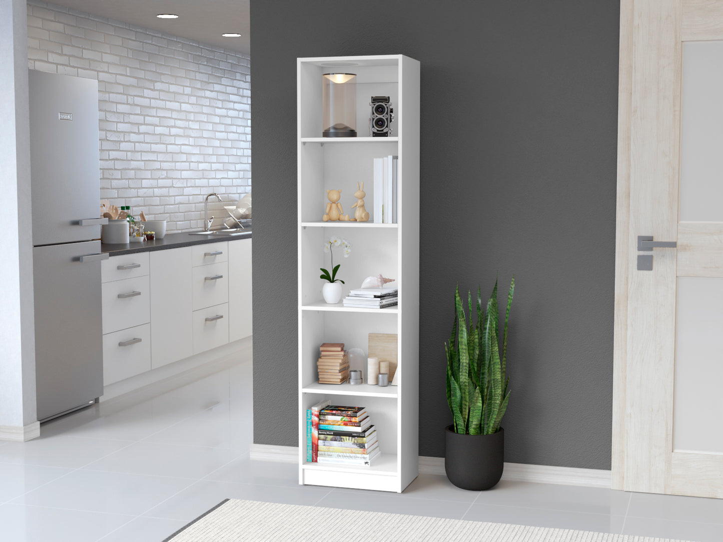 White modern bookshelf with five shelves displaying decorative items and books