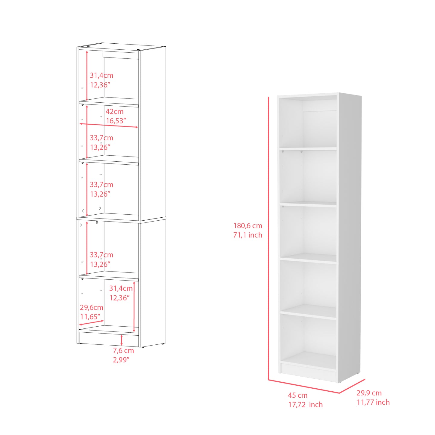 White modern bookshelf with five shelves