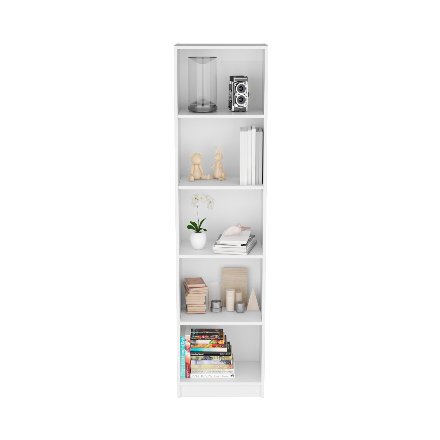 White fiveshelf bookcase with decorative items and books
