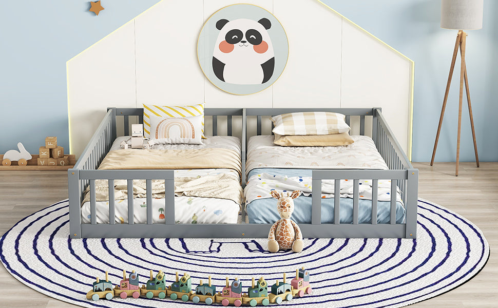Gray wooden toddler bed with two beds