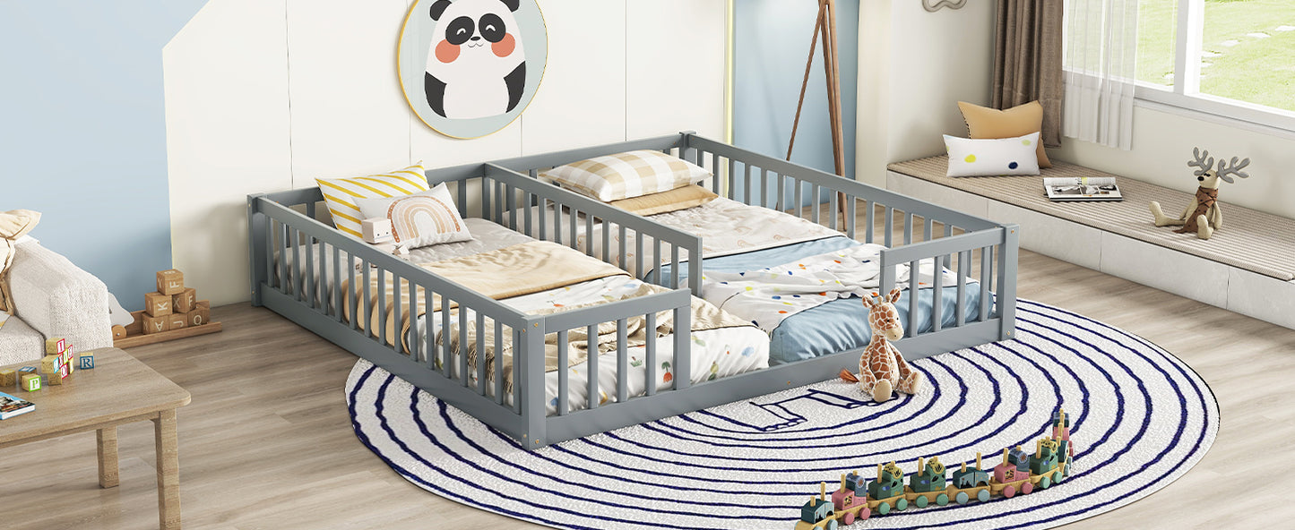 Grey wooden toddler bed with playful bedding