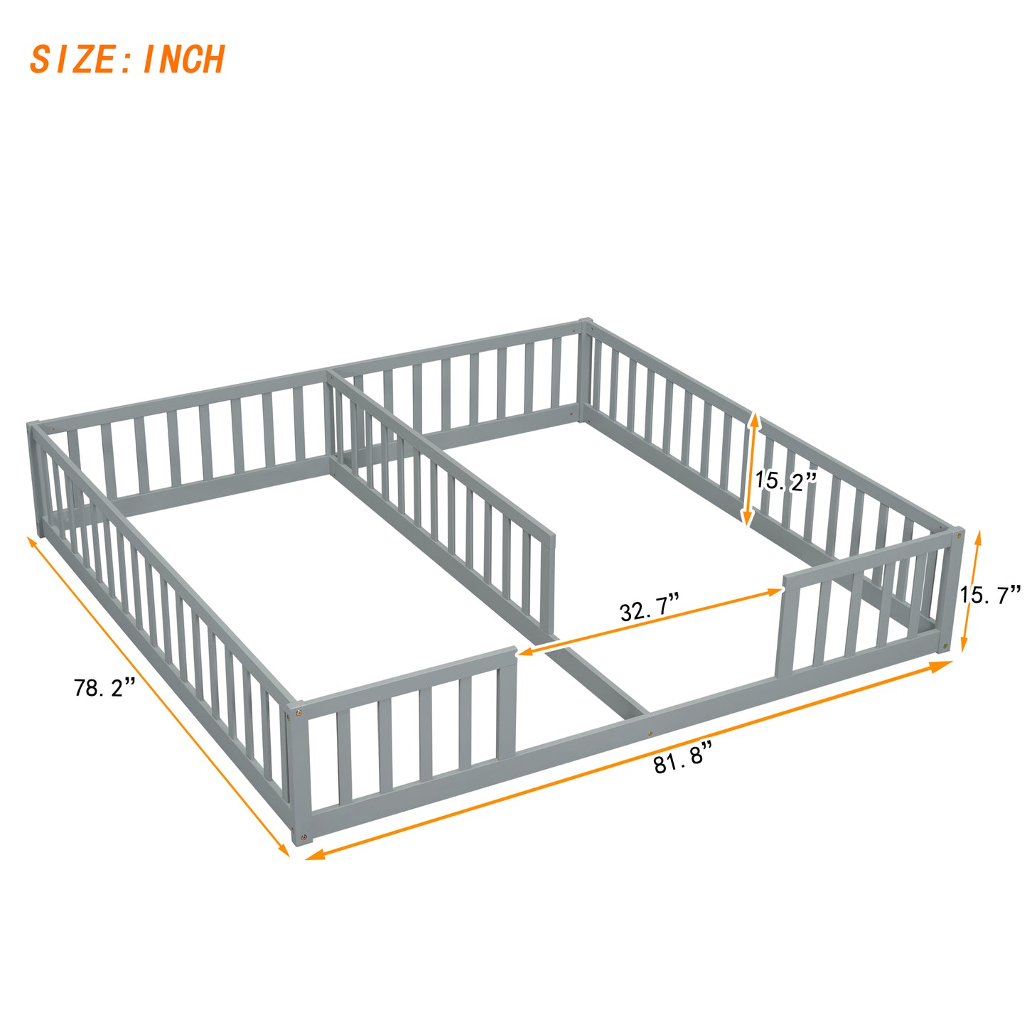 Gray wooden toddler bed frame with safety rails and side panels