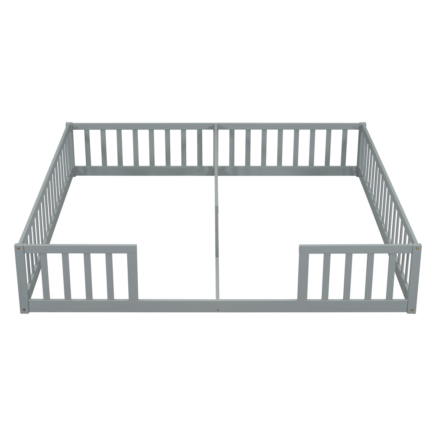 Gray wooden toddler bed guard rail with vertical slats