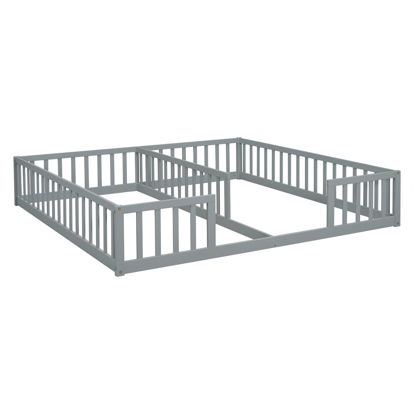 Gray wooden toddler bed frame with safety rails