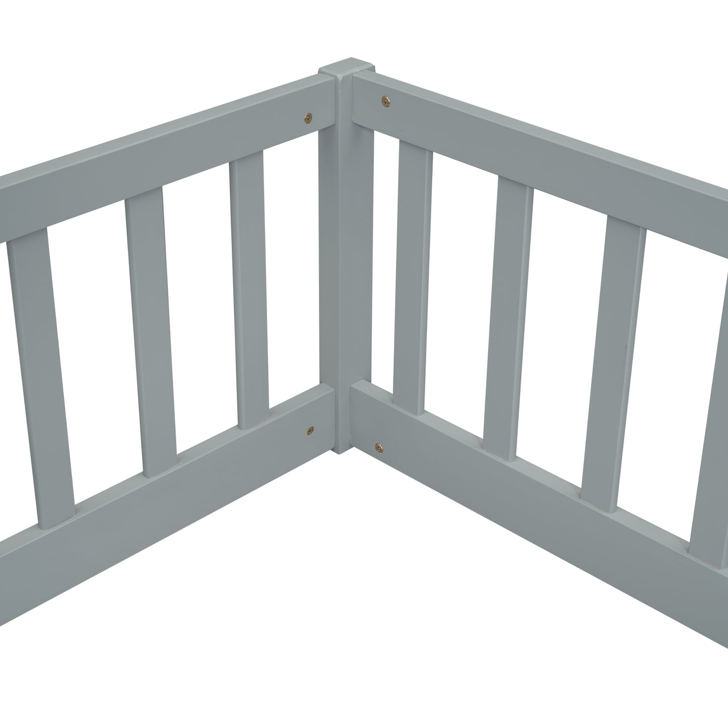 Gray wooden toddler bed rail corner detail
