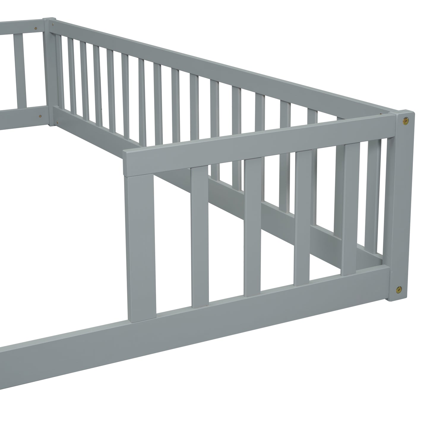 Gray wooden toddler bed guardrail detail