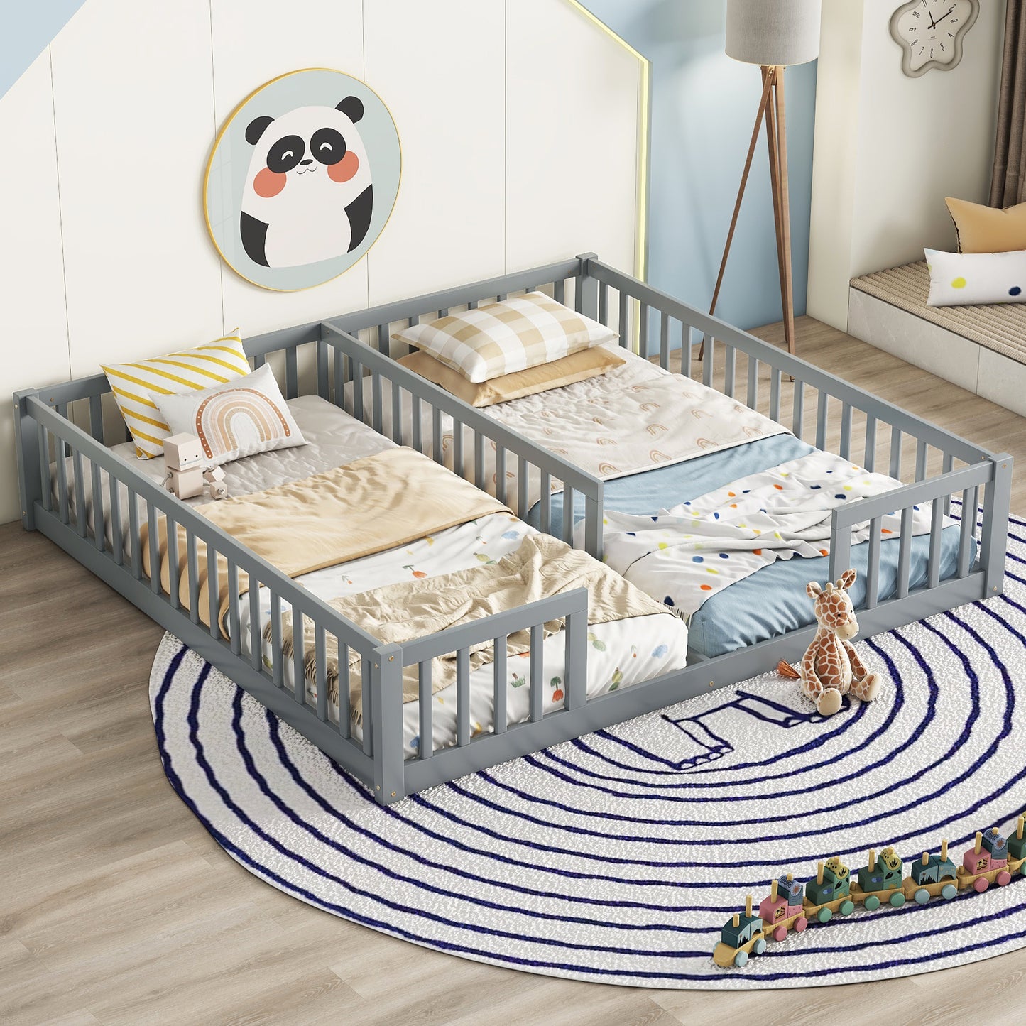 Grey wooden toddler bed with rails and rainbow bedding