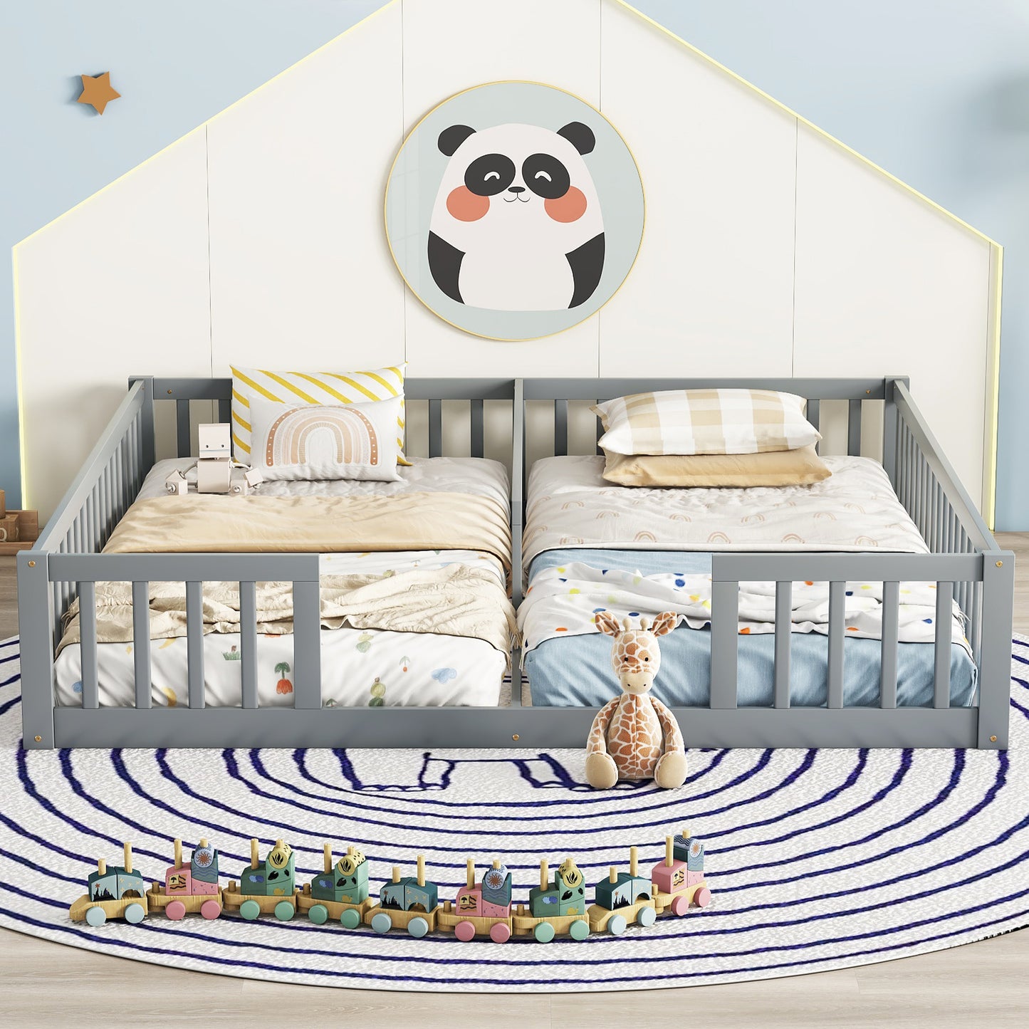 Gray wooden toddler bed with protective rails for safe sleep