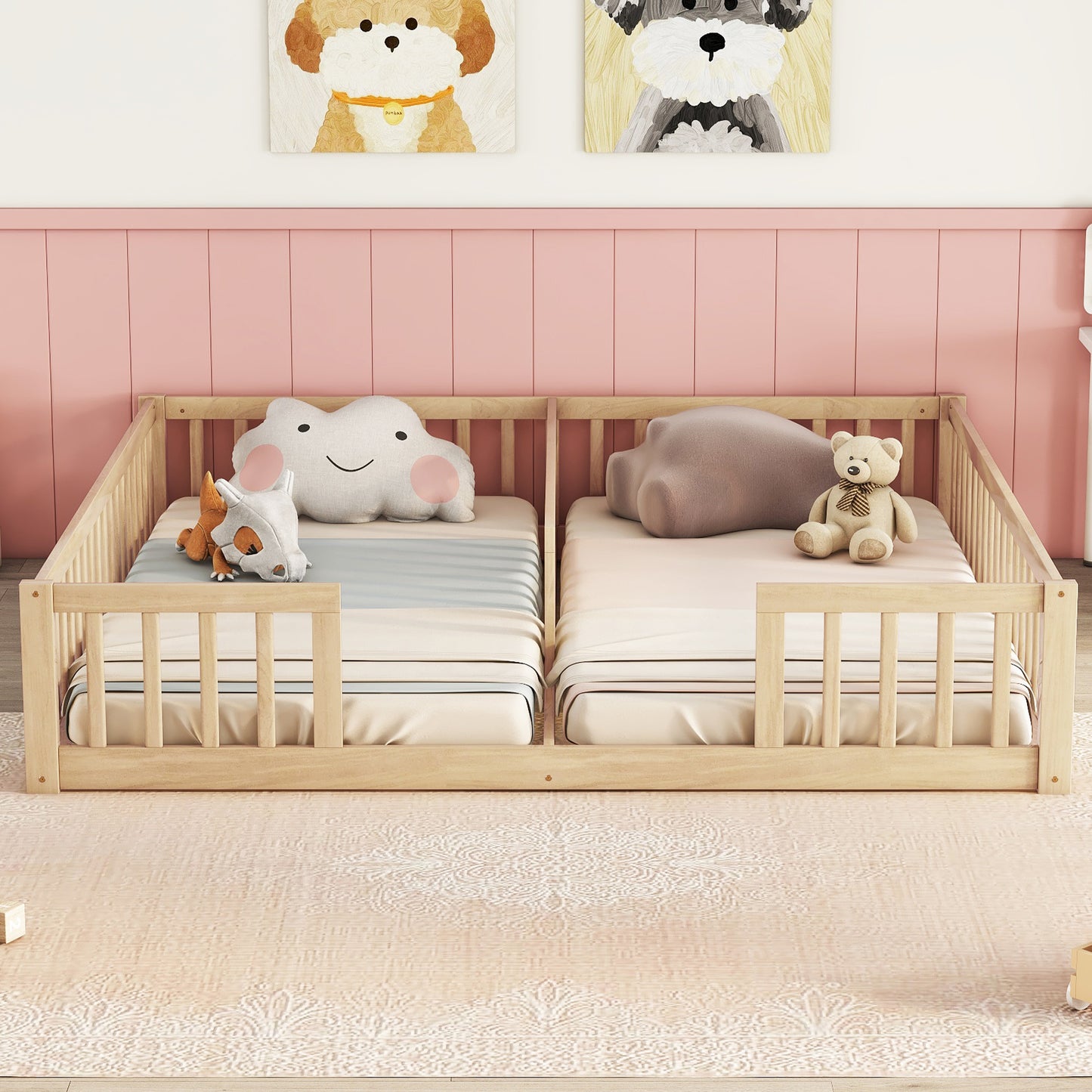 Twin size wooden toddler bed with safety rails and cloud pillow